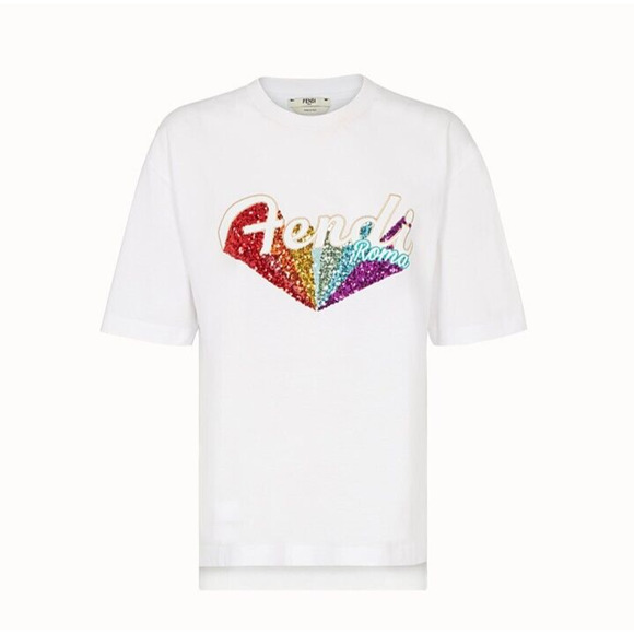 Fendi White Short Sleeve Round Neck Rainbow Sequined Fendi Roma Graphic Tee L - Picture 14 of 14